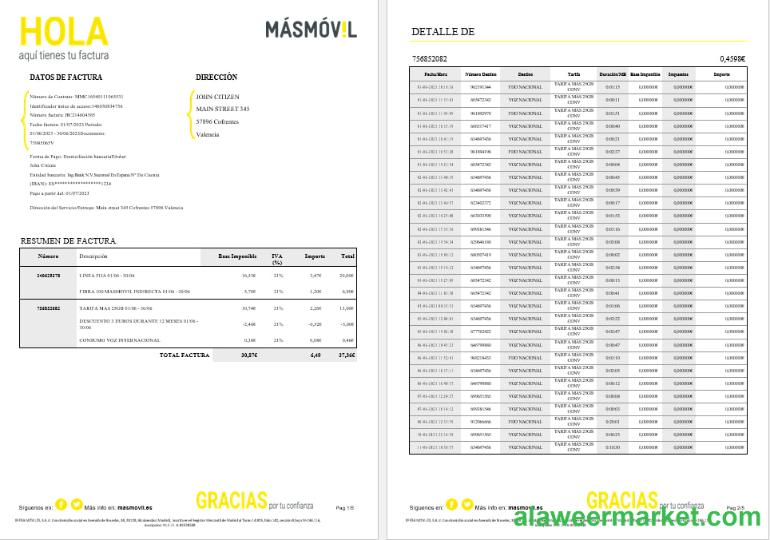 Spain Masmovil internet utility  bill Word and PDF formats, 6 pages
